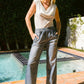 Waist Elastic High-rise, Straight Fake Denim Print Pants