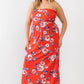 Plus Red Rose Print Ruched Strapless Midi Dress