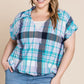 Plus Size Multi Colored Check Printed Casual Collared Short Sleeve Top