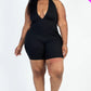 Plus size casual solid halter v neck ribbed bodycon romper