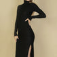 Sweater-knit Fuzzy Turtle Neck Split Thigh Dress