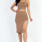 Sexy Solid Color Crisscross Back Cami Crop Top & Split Thigh Midi Skirt Set