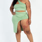 Plus Size Sexy Solid One Shoulder Crop Top & Split Thigh Midi Skirt Set
