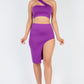 Sexy Solid One Shoulder Crop Top & Split Thigh Midi Skirt Set