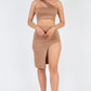 Sexy Solid One Shoulder Crop Top & Split Thigh Midi Skirt Set