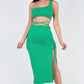 Sexy Solid Color One Shoulder Crop Top & Drawstring Ruched Crisscross Tie Back Side Slit Hem Skirt Set