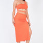 Sexy Solid Color One Shoulder Crop Top & Drawstring Ruched Crisscross Tie Back Side Slit Hem Skirt Set