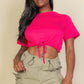 Tie Front Drawstring Short Sleeve Crop Top