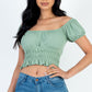 Casual Ruched Puff Sleeve Ribbed Knit Solid Top