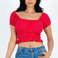 Casual Ruched Puff Sleeve Ribbed Knit Solid Top