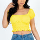 Casual Ruched Puff Sleeve Ribbed Knit Solid Top