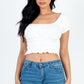 Casual Ruched Puff Sleeve Ribbed Knit Solid Top