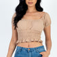 Casual Ruched Puff Sleeve Ribbed Knit Solid Top