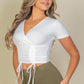 Ribbed Ruched Drawstring Surplice Top