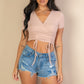 Ribbed Ruched Drawstring Surplice Top