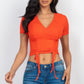 Ribbed Ruched Drawstring Surplice Top