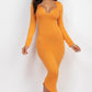 Split Neck Long Sleeve Midi Dress