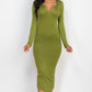 Split Neck Long Sleeve Midi Dress
