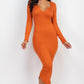 Split Neck Long Sleeve Midi Dress
