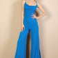 Ribbed Cowl Neck Backless Split Wide Leg Jumpsuit