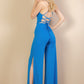 Ribbed Cowl Neck Backless Split Wide Leg Jumpsuit