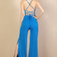 Ribbed Cowl Neck Backless Split Wide Leg Jumpsuit