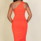 Sexy Solid Color Ruched One Shoulder Midi Bodycon Dress