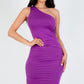Sexy Solid Color Ruched One Shoulder Midi Bodycon Dress