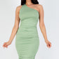 Sexy Solid Color Ruched One Shoulder Midi Bodycon Dress